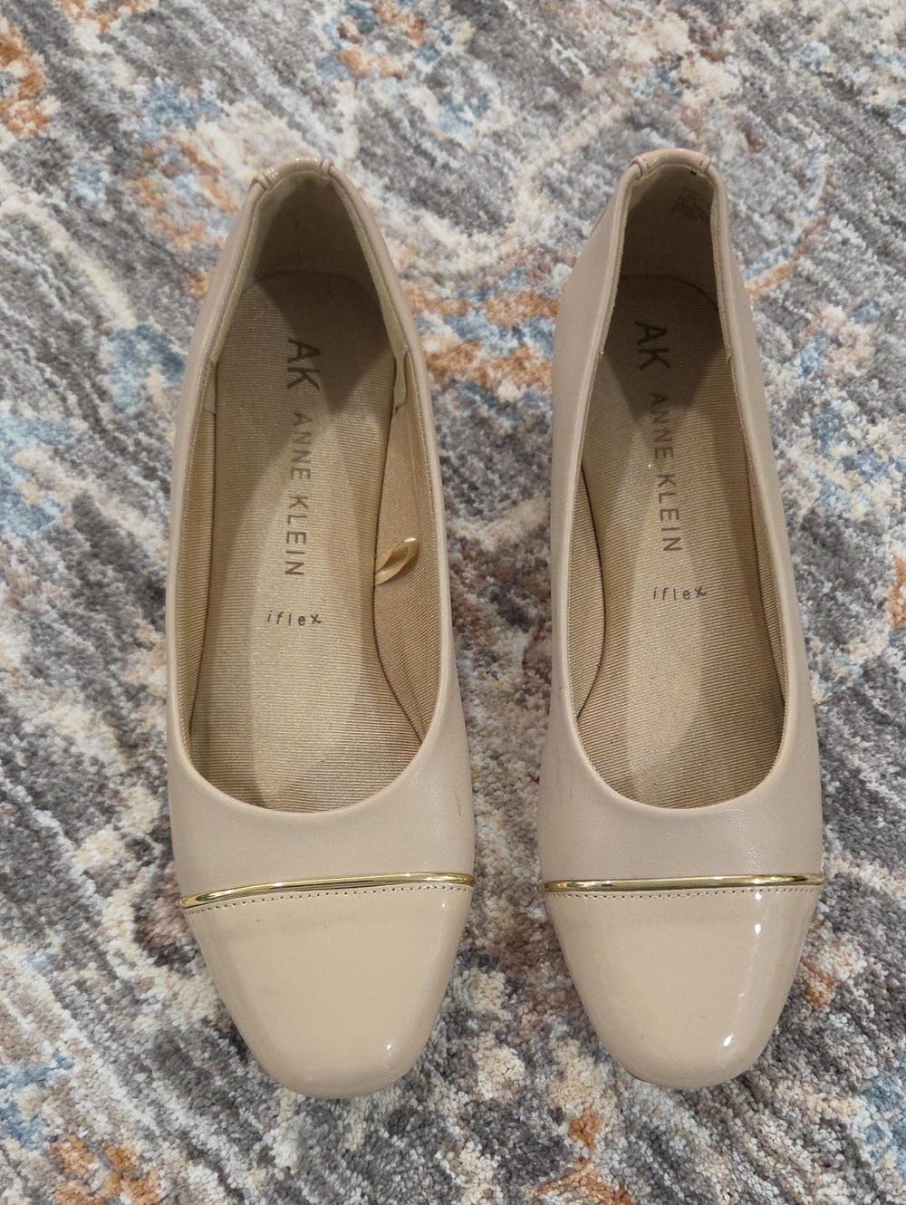 Anne Klein Nude Patent Cap Toe Flats with Gold Trim